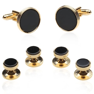 Black Onyx Cufflinks & Studs Tuxedo Formal Set for Men in Gold Stud Set with Travel Presentation Gift Box - Perfect for Groomsmen