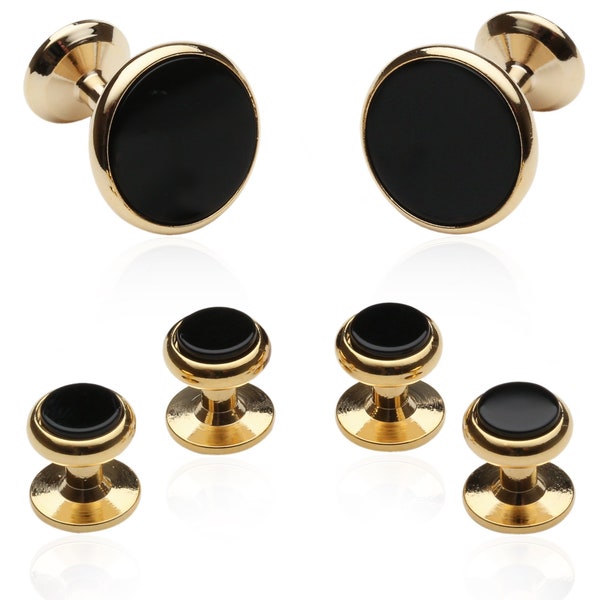 Wedding Tuxedo Cufflinks and Studs - Classic Black Onyx with Gold Stud Set with Travel Presentation Gift Box - Perfect for Wedding Groomsmen