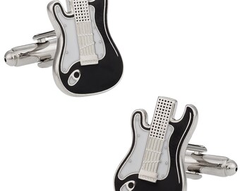 Black Electric Guitar Design Cufflinks with Personalised Engraved Chrome Case