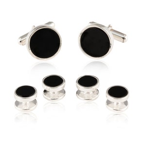 Black Onyx Cufflinks & Studs in Sterling Silver Tuxedo Formal Set for Men - SOLID 925 - Heirloom Gift Idea - Includes Gift Box