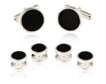 Boutons de manchette et clous en onyx noir en argent sterling Ensemble formel de smoking pour homme – SOLIDE 925 – Idée cadeau d'héritage – Comprend une boîte cadeau