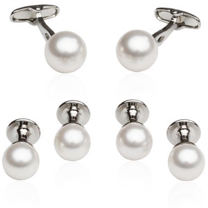 White Swarovski Pearl Cufflinks Studs Tuxedo Formal Set for Men with Gift Box image 1