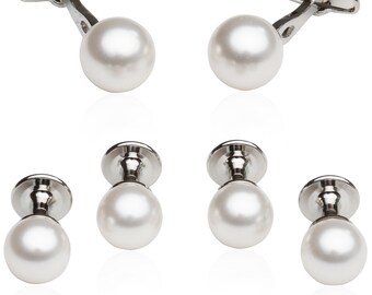 Weiße Swarovski Perlen Manschettenknöpfe Ohrstecker Tuxedo Formal Set für Männer mit Geschenkbox
