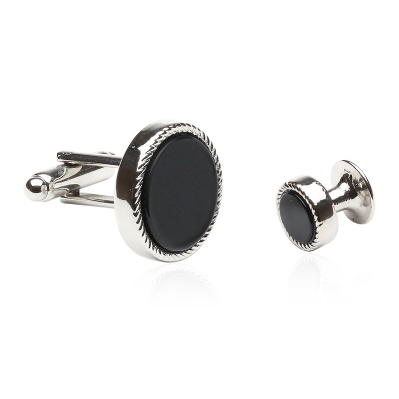 Black Onyx and Silver Tuxedo Formal Set Cufflinks and Studs with Travel Presentation Gift Box image 2