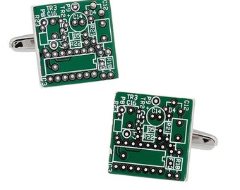 Green Circuit Board Computer Chip Motherboard Cufflinks with Presentation Gift Box - Ready to Gift to Dad on Father's Day