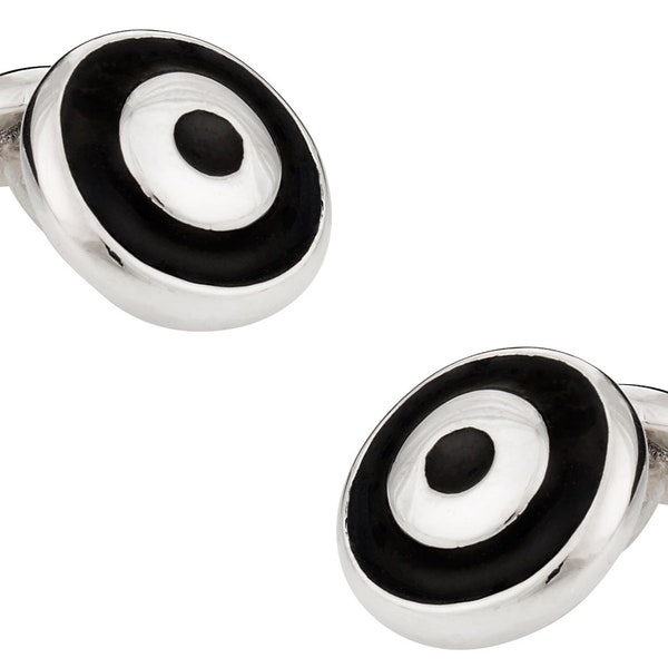 Men's Cuff Links - Bullseye Cufflinks in Solid 925 Sterling Silver - Black Enamel - Ready to Gift