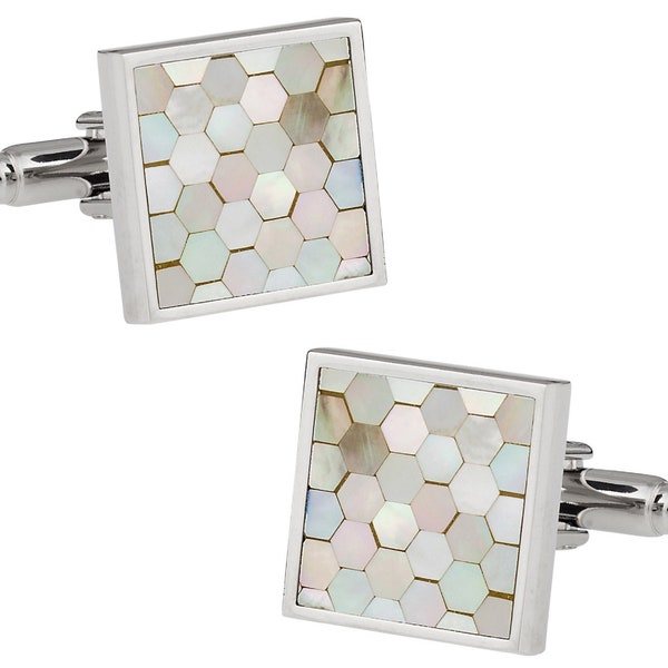 White Mother of Pearl Honeycomb Cufflinks with Travel Gift Box - Ready to Gift - Mens Cuff links Gift Dad Husband Boyfriend