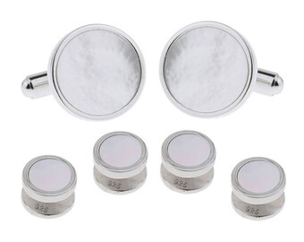 gift jewelry presentation box Mens Sterling Silver Tuxedo Formal Set Cufflinks Studs White Mother of Pearl with Presentation Gift Box - Wedding Gift Idea Men Groomsmen