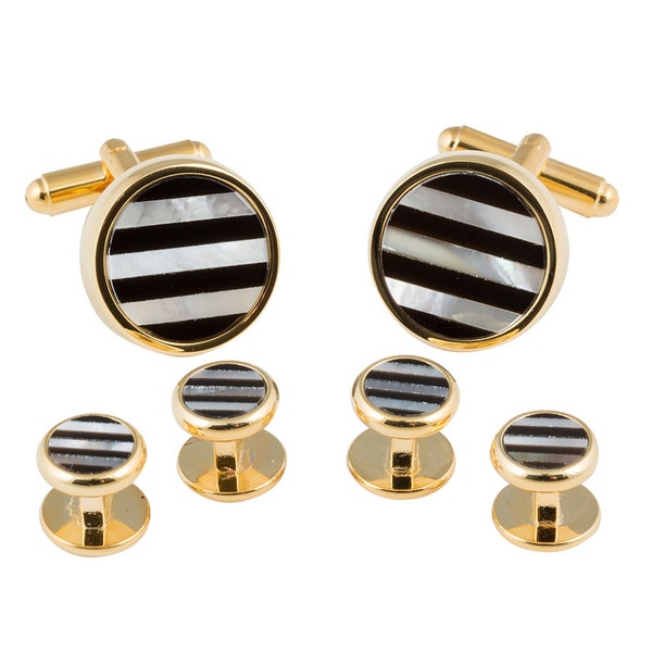 Striped Black White Gold Tuxedo Cufflinks Studs | Onyx Mother of Pearl Formal Set Gold Stud Set with Travel Gift Box