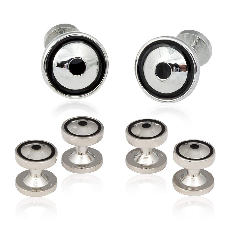 Cuff-Daddy Round Silver Black Tuxedo Cufflinks Studs with Presentation Box