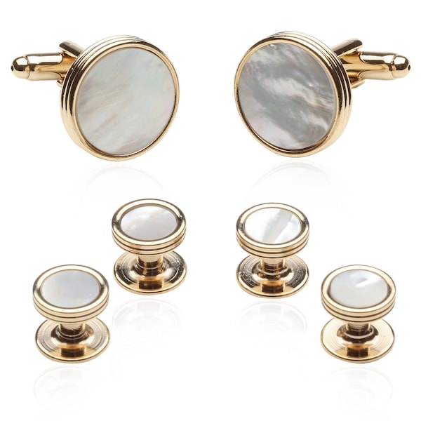 Gold White Cufflinks and Studs Formal Set - Mother of Pearl with Gold Plate Wedding Tuxedo Studs for Men with Gift Box