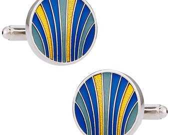 Unique Blue, Yellow, & Teal Enamel Round Silver Cufflinks with Travel Gift Box - Ready to Gift - Mens Cuff links Gift Dad Husband Boyfriend