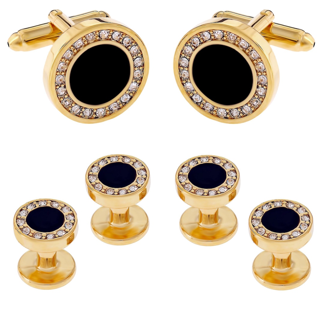 Gold Black Onyx and Crystal Tuxedo Formal Set Cufflinks Studs Set With Presentation Gift Box
