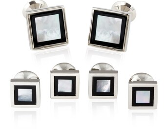 Black White Mother of Pearl Onyx Tuxedo Formal Set Cufflinks Studs Stud Set with Travel Presentation Gift Box