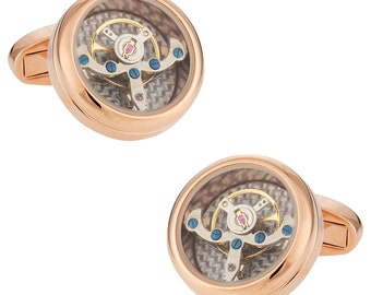 Unique Rose Gold Silver Tourbillon-style Cufflinks with Working Balance Wheel Carbon Fiber Watch Cufflinks Steampunk