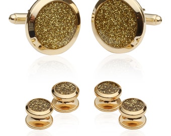 Gold Diamond Dust Tuxedo Cufflinks and Studs Formal Set with Gift Box for Men