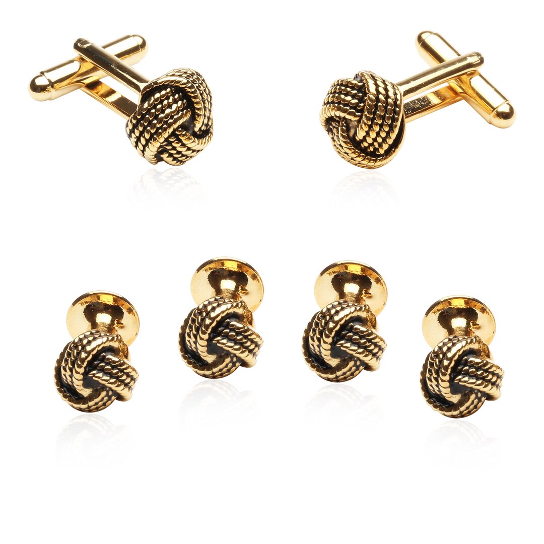 Gold Knot Cufflinks and Studs Tuxedo Formal Set With Travel