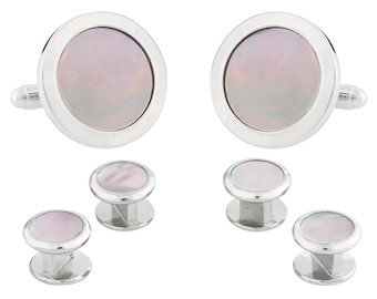 Round Mother of Pearl Silver Cufflinks Studs Tuxedo Formal Set with Travel Gift Box