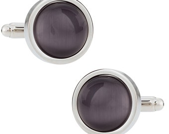 Timeless Round Gray Catseye-style Cufflinks Framed silver-tone by Cuff-Daddy - Ready to Gift - Mens Cuff links Gift Dad Husband Boyfriend