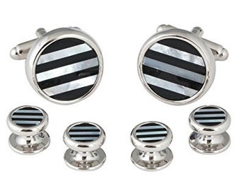 Striped Onyx Mother of Pearl Tuxedo Cufflinks Studs with Gift Box