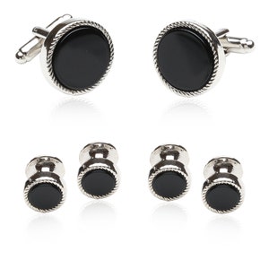 Black Onyx and Silver Tuxedo Formal Set Cufflinks and Studs with Travel Presentation Gift Box image 1