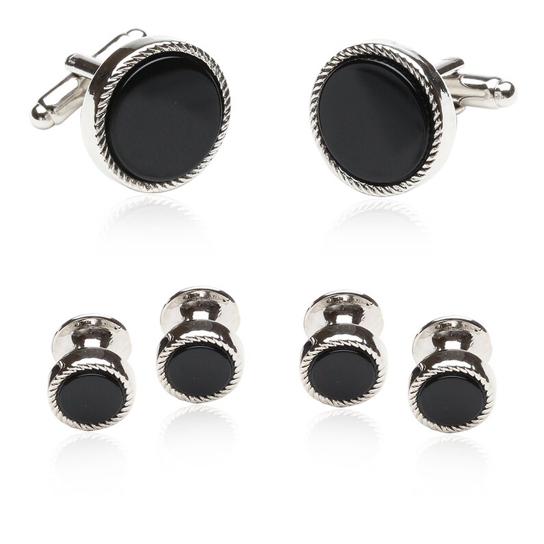 Black Onyx and Silver Tuxedo Formal Set Cufflinks and Studs with Travel Presentation Gift Box image 1