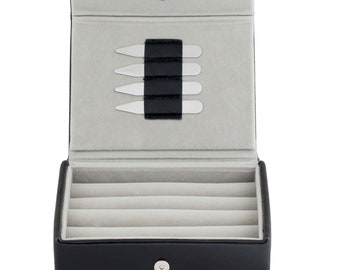 Leather Travel Cufflinks & Rings Box Includes 2 Free Pairs Metal Collar Stays -  Men's Birthday Gift Idea