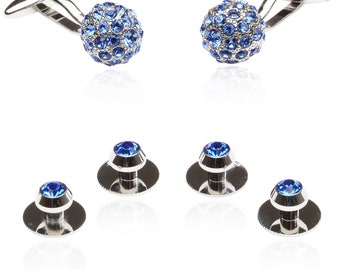 Blue Crystal Ball Cufflinks Studs for Tuxedo Stud Set with Travel Presentation Gift Box - Perfect for Wedding Party Groomsmen