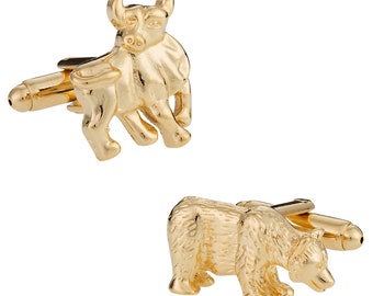 Gold Bull and Bear Finance Wall Street Cufflinks with Gift Box - Ready to Gift to Dad on Father's Day - Funny Novelty Cufflinks