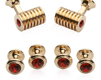 Rose Gold Red Crystal Barrel Formal Set Cufflinks Studs Tuxedo with Gift Box