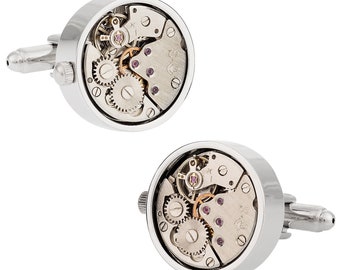 Working Steampunk Cufflinks Silver Watch Movement Cuff links with GLASS Cover and Presentation Gift Box - Ready to Gift