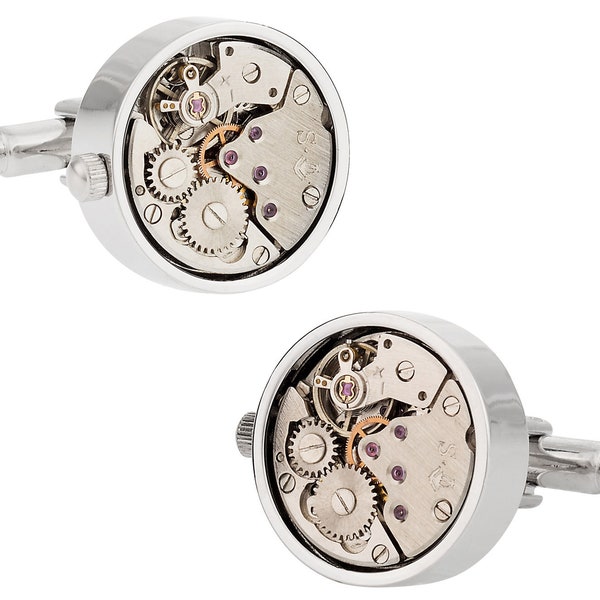 Working Steampunk Cufflinks Silver Watch Movement Cuff links with GLASS Cover and Presentation Gift Box - Ready to Gift