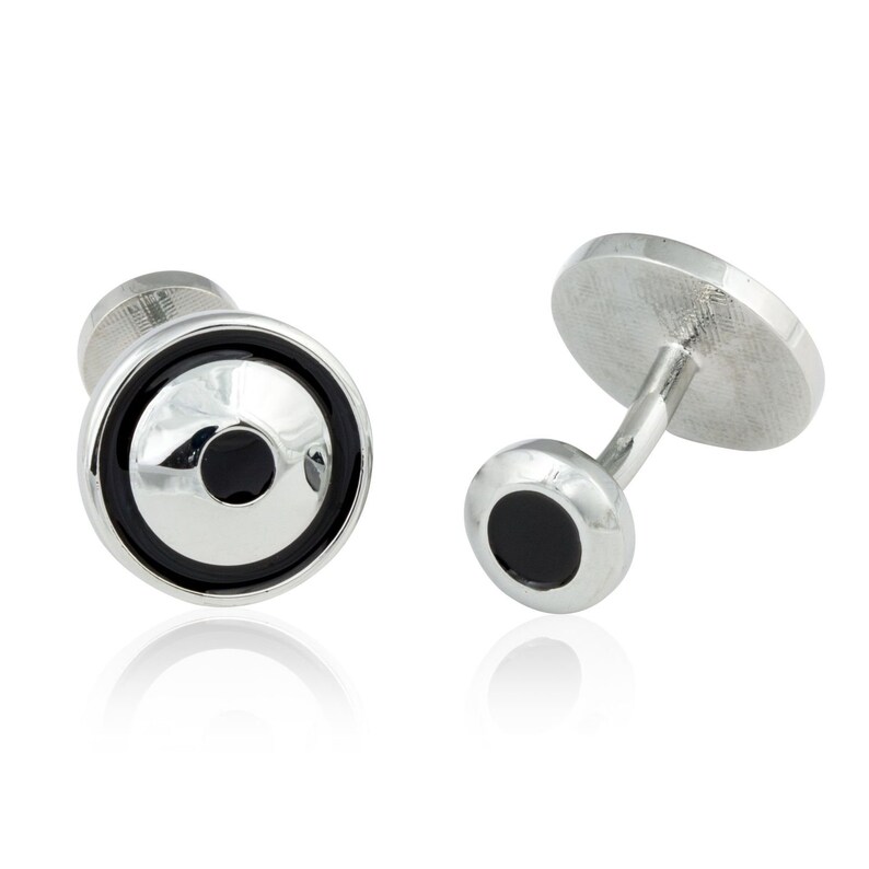 Cuff-Daddy Round Silver Black Tuxedo Cufflinks Studs with Presentation Box