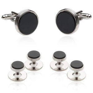 Black Onyx Cufflinks & Studs Tuxedo Formal Set for Men Stud Set with Travel Gift Box - Perfect for Wedding Party Groomsmen