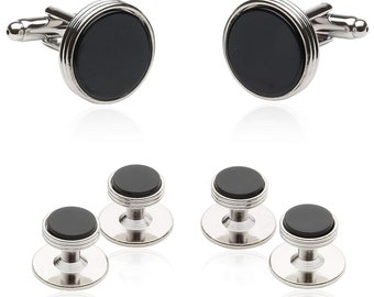 Black Onyx Cufflinks & Studs Tuxedo Formal Set for Men Stud Set with Travel Gift Box - Perfect for Wedding Party Groomsmen