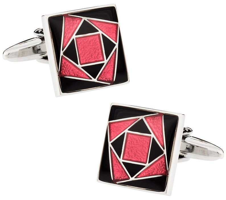Unique Geometric Pink and Black Rectangular Cufflinks in Silver Setting with Presentation Box