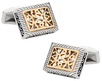 Ornate Two-Tone Stainless Steel Cufflinks with Travel Gift Box - Ready to Gift - Mens Cuff links Gift Dad Husband Boyfriend