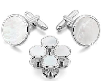 Ensemble classique de boutons de manchette et de clous en nacre pour homme avec boîte-cadeau