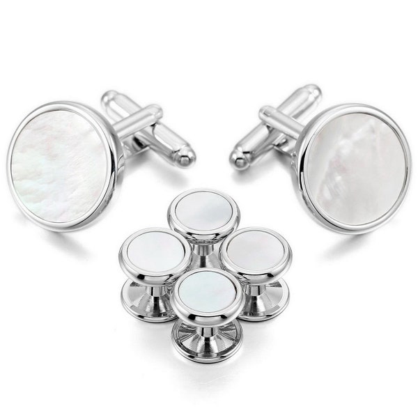 Classic Mother of Pearl Cufflinks & Studs Tuxedo Formal Set for Men with Gift Box