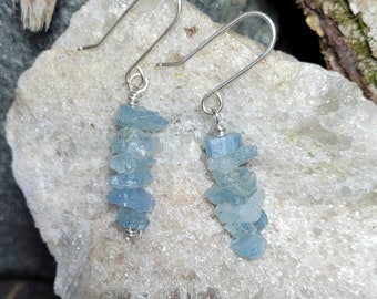 Aquamarine chip earrings, raw aquamarine, aquamarine, sterling silver, handmade earrings, earrings, raw stone earrings, women's earrings