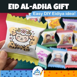 Könnte beinhalten: Eine Sammlung farbenfroher, dekorierter Geschenkbeutel für Eid al-Adha. Die Beutel zeigen Illustrationen eines Schafs, von Kindern und andere festliche Designs. Auf den Beuteln steht "Happy Eid" und "Easy DIY Eidiya idea!"