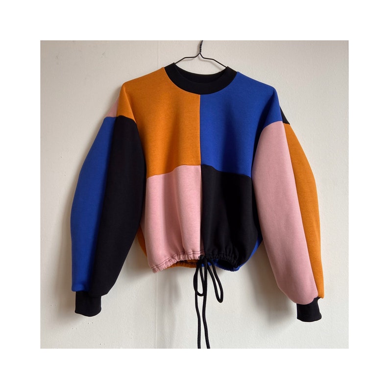 Crop sweatshirt cotton colorblock mustard rose blue black with rope