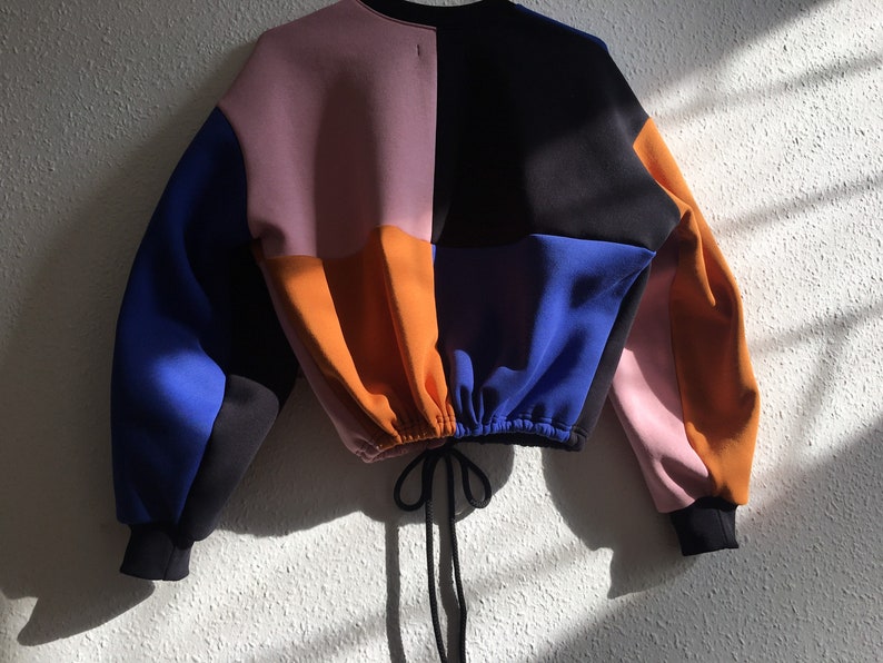 Crop sweatshirt cotton colorblock mustard rose blue black with rope