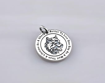 Sterling Silver Wolf Pendant - Engraved Motivational Quote.