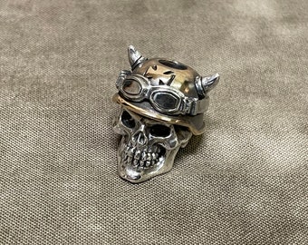 Biker Skull Bead, Bronze Helmet, Sterling Silver, Paracord Lanyard