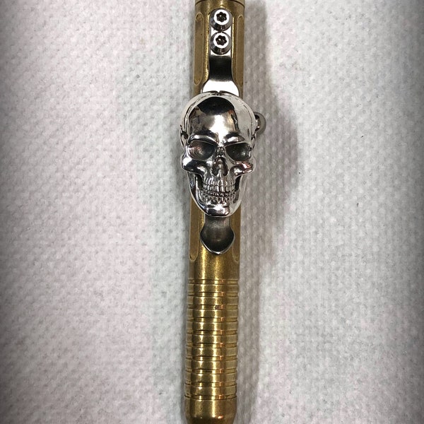 Handmade Titanium Clip with Large Sterling Silver Skull for Fellhoelter Pen. Titanium Pocket Clip for TiBolt Pen.