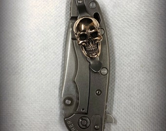 Handmade Titanium Clip with XXL Bronze Skull for Rick Hinderer XM-18 XM-24 Knife, Raw Titanium Pocket Clip.