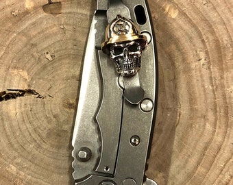 Handmade Titanium Clip with Firefighter Skull for Rick Hinderer XM-18 XM-24 Knife. knife clip. custom hinderer, Raw Titanium Pocket Clip.