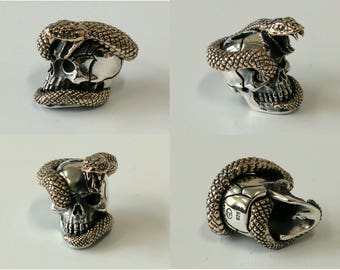 Handmade Skull and Snake Bead, Silver and Bronze Paracord Bead