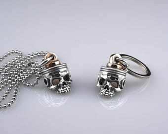 Skull Piston Pendant Sterling Silver 925, Biker Skull Necklace Charm, Motorcycle Jewelry, Gothic Mens Pendant, or Keychain